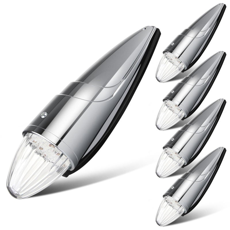 LBRST 5 x 17 LED Chrome Truck Roof Lights Amber Torpedo Cab Marker Roof Running Top Lights Assembly Heavy Duty Trucks Replacement for Peterbilt/Freightliner/Mack Clear Lens (5 pcs) - Image 1